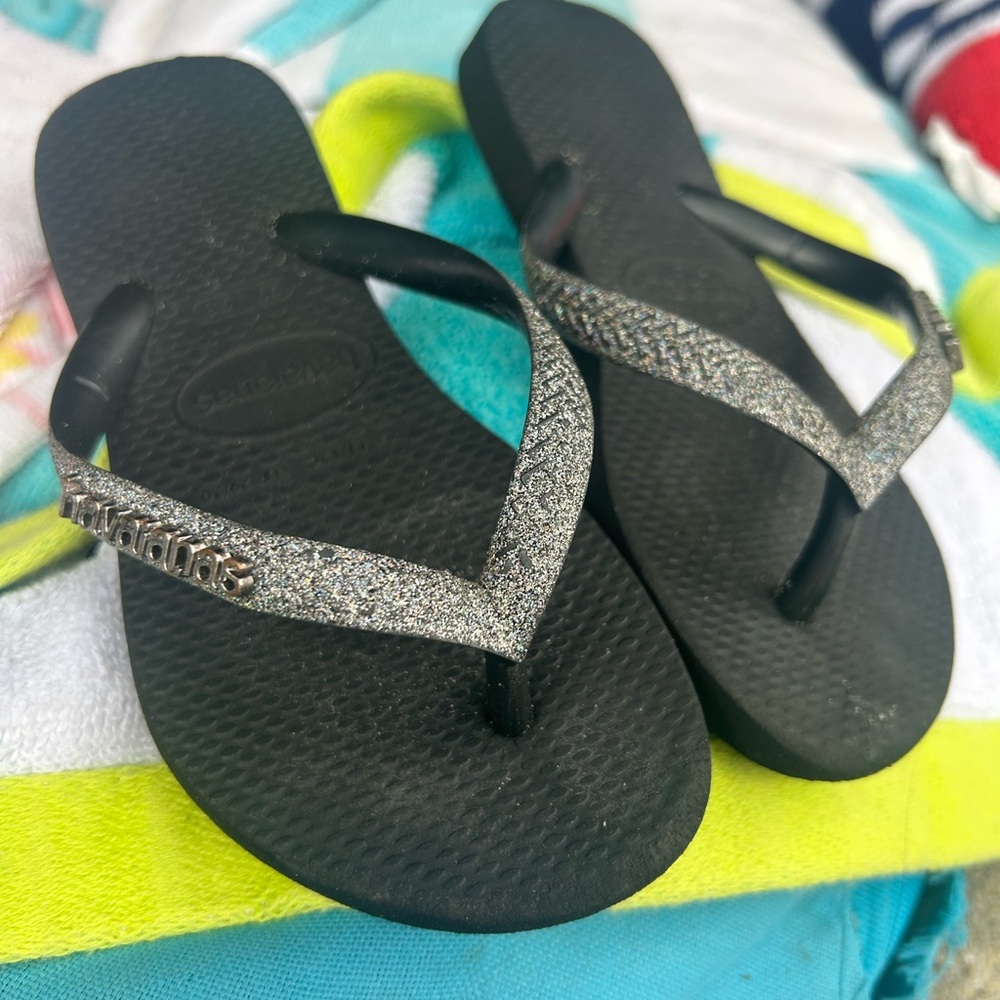Havaianas Black Flip Flops with Silver Glitter Straps